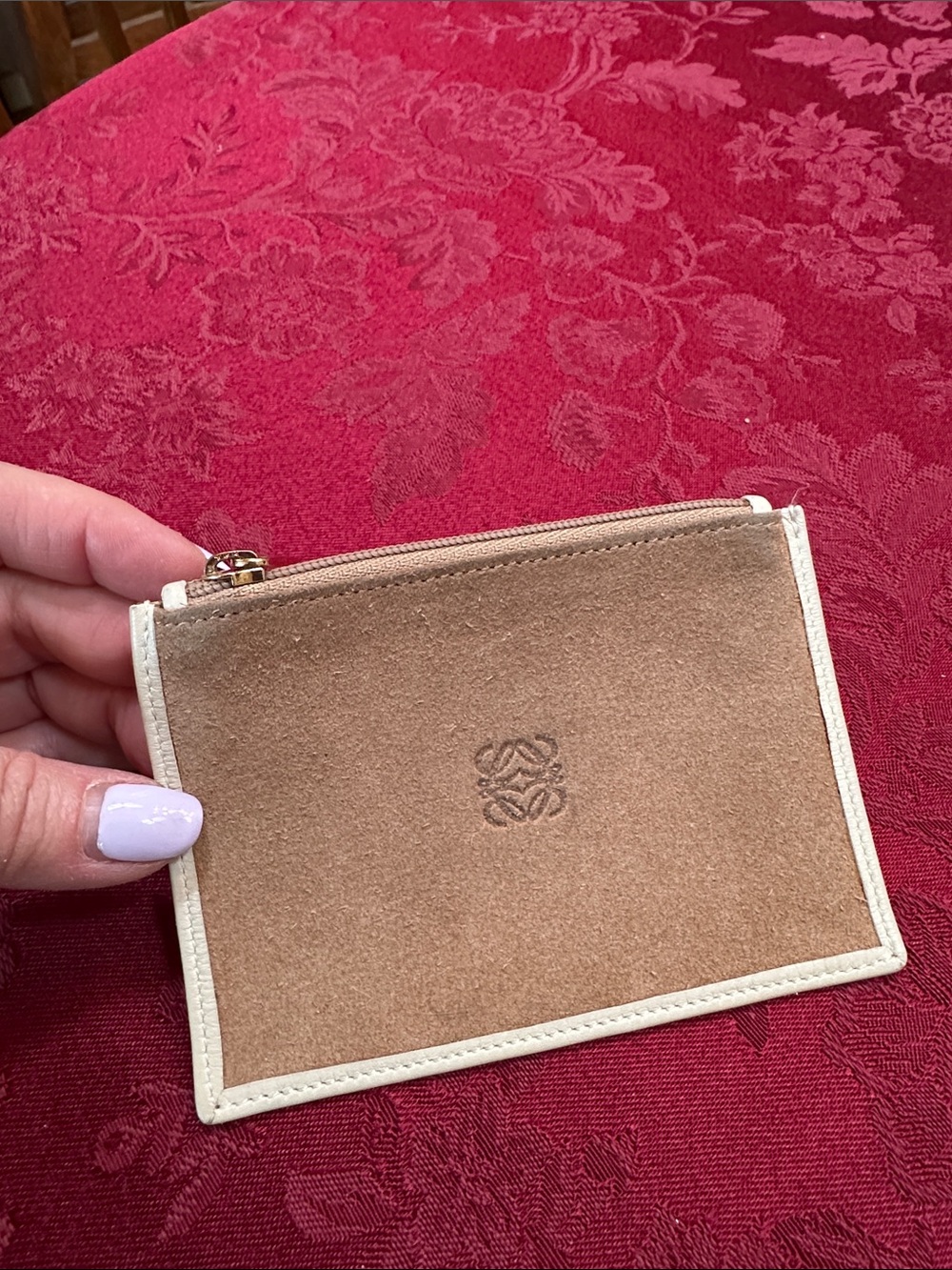 Loewe Tan Suede & Cream Leather Coin / Card Zip Pouch
